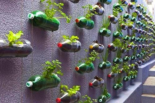 Vertikal blomsterrabatt gjord av plastflaskor