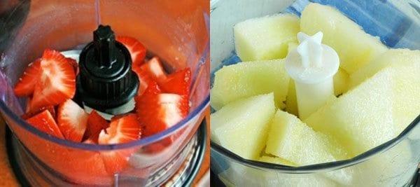 Erdbeeren und Melonen in einem Mixer hacken