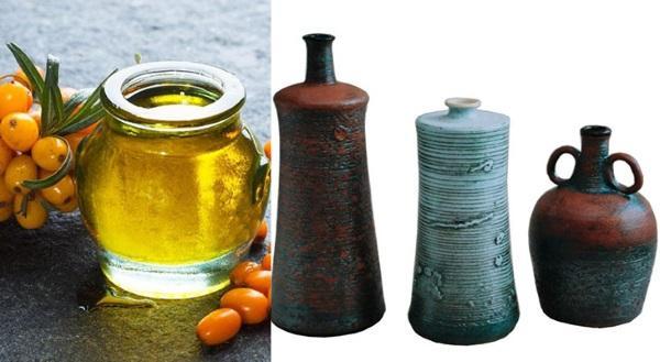 Lagerung von Sanddornöl in Glas- und Keramikschalen