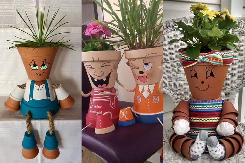 amatai iš gėlių vazonų juokingi maži žmonės